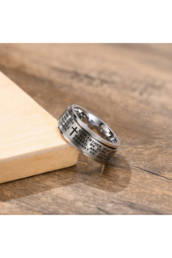 Spinner Fidget Anxiety Rings for Men Boys,14K White Gold The Christian Bible Lord's Prayer Rotatable Wedding Bands Jewelry