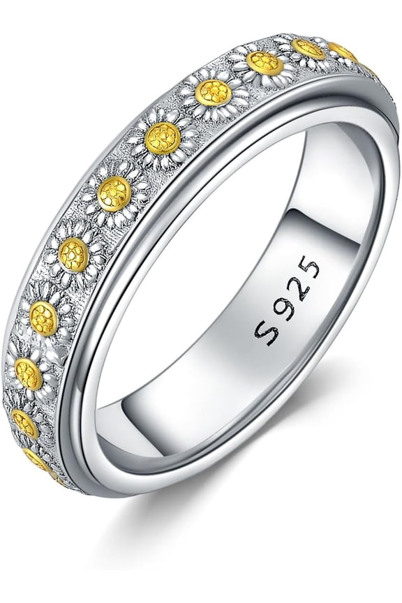 Spinner Fidget Rings Sterling Silver Sunflower Anxiety Rotating Band Rings for Anxiety Worry Relieving Boredom ADHD Autism Band for Women Teens