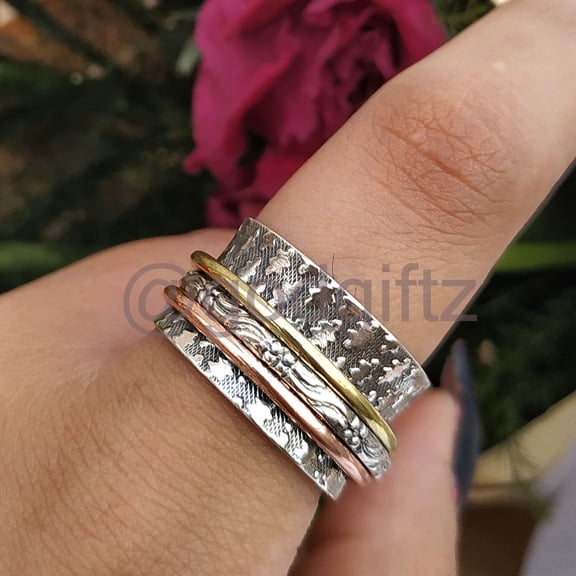 Spinner Jewelry Ring, Spinner Ring, Brass Silver Worry Band Ring, Fidget Spinner Ring, Thumb Ring, Textured Spinning Ring, Valentine Gift