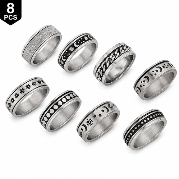 Spinner Ring Set for Men and Women, 8 Pcs Stainless Steel Silver Plated Rotating Band Rings, Size 8, Silver Fashion Fidget Jewelry