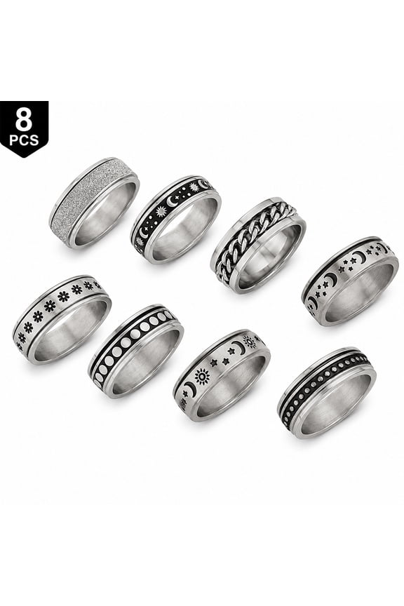 Spinner Ring Set for Men and Women, 8 Pcs Stainless Steel Rotating Band Rings, Size 8, Silver Fashion Fidget Jewelry