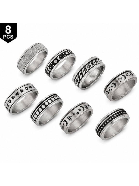 Spinner Ring Set for Men and Women, 8 Pcs Stainless Steel Silver Plated Rotating Band Rings, Size 8, Silver Fashion Fidget Jewelry