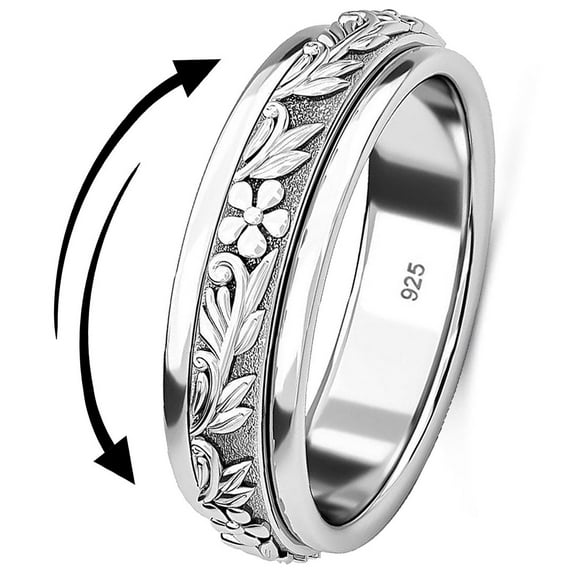Fidget Rings Spinner Ring for Women Jewelry - Spinning Anxiety Ring for Men - Band 925 Sterling Silver Platinum Plated Flower Floral Jewelry Stress Relief Size 11 Christmas Gifts