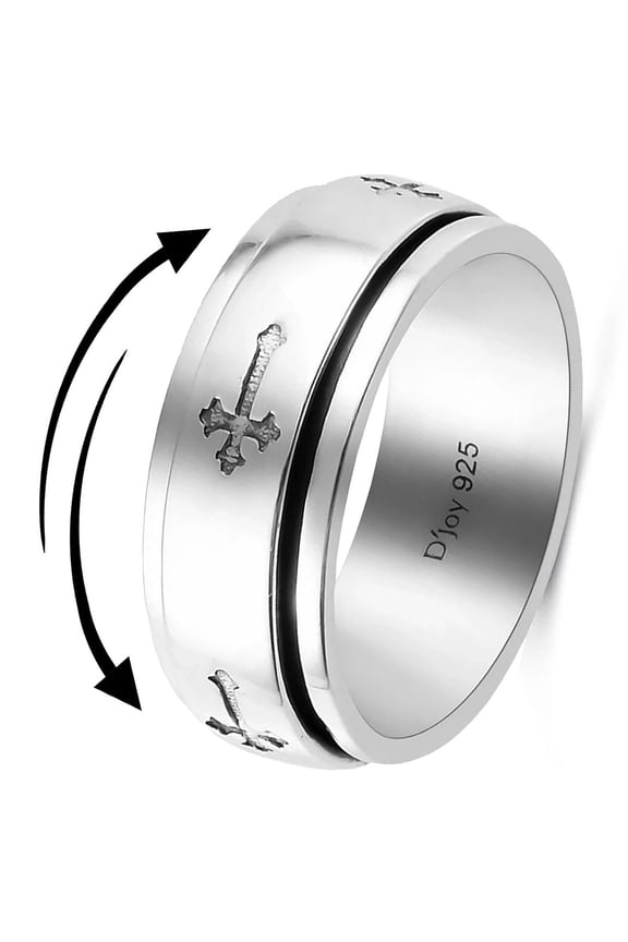 Fidget Rings Spinner Ring - Spinning Anxiety Ring - Band 925 Sterling Silver Platinum Plated Cross Stress Relief size 5 Bridal Catholic Faith Christian Religious Jewelry Christmas Gifts