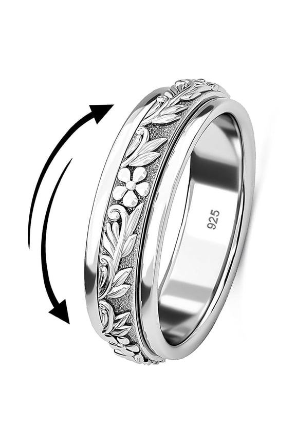 Fidget Rings Spinner Ring for Women - Spinning  Anxiety Ring for Men - Band 925 Sterling Silver Platinum Plated Flower Floral Aesthetic Jewelry Stress Relief Size 10  Christmas Gifts