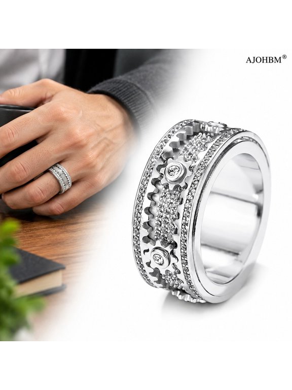 Spinner Ring for Men - Copper inlaid gear rotating ring - Rotating Mechanical Ring for Couples - Silver9