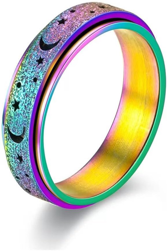 Spinner Ring for Women and Men, Stainless Steel Fidget Ring with Moon and Design, Sandblasted Rainbow Finish, in Sizes 6-10