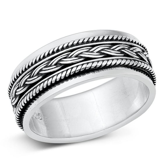 Spinner Weave Rope Wide Wedding Fidget Ring ( Sizes 7 8 9 10 11 12 13 ) .925 Sterling Silver Band Rings (Size 10)