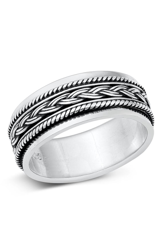Spinner Weave Rope Wide Wedding Fidget Ring ( Sizes 7 8 9 10 11 12 13 ) .925 Sterling Silver Band Rings (Size 13)