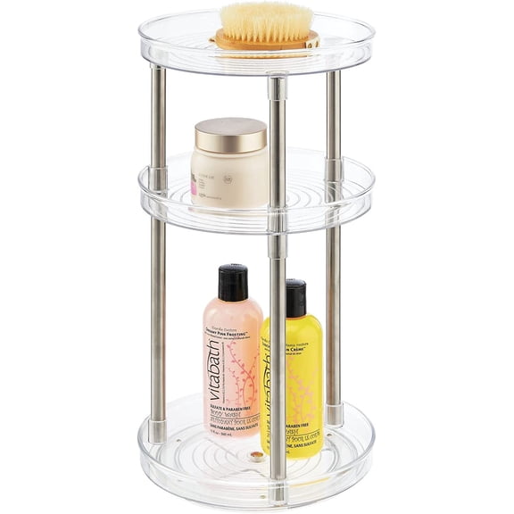Spinning 3-Tier Lazy Susan 360 Rotating Makeup Organizer Storage Tower - Beauty Cosmetic Organization Caddy for Bathroom Vanity, Countertop, Makeup Table - Ligne Collection - Clear