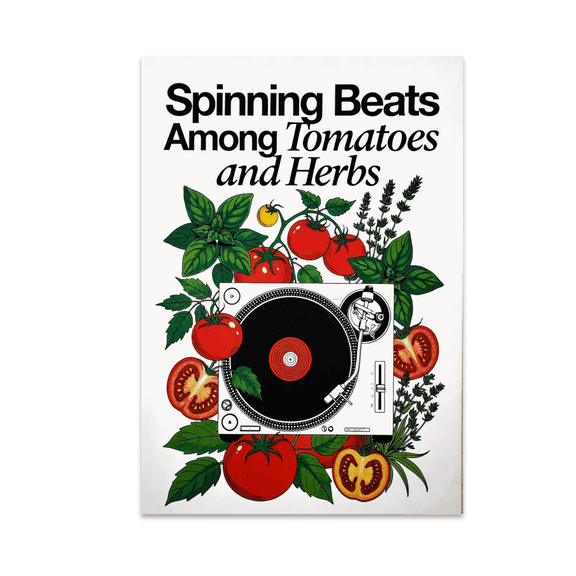 Spinning Beats Among Tomatoes and Herbs - Garden Music Enthusiast - 13x19 Poster Print