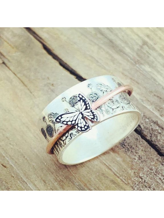 Spinning Butterfly Ring for Women: Two-Tone Alloy Decompression Rotating Band, Anxiety Relief Fidget Jewelry Gift
