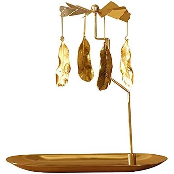 Spinning Candle Holder with Tray, Glod Carousel Candle Spinner, Rotating Metal Tea Light Candle Holder for Table Centerpiece, Christmas, Valentine's Day, Party Decor, Gift (Gold Feather)