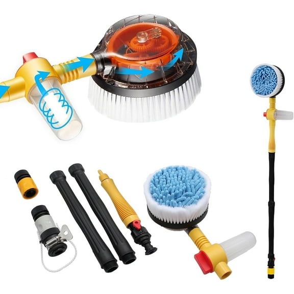 Spinning Car Wash Brush Soft Microfiber, Auto Rotate Car Brush Mop with Soap Dispenser, Exterior Car Cleaning Brush Attached to Hose,Soap Dispenser (Yellow)