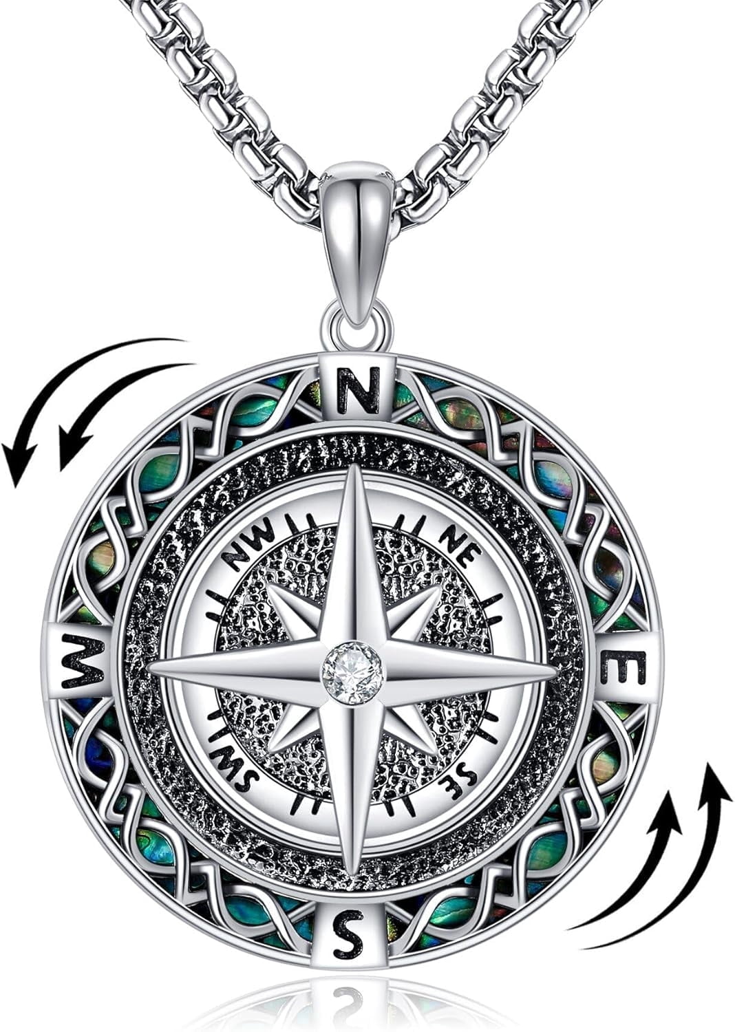 Fidget Compass Spinning Compass Necklace Sterling Silver Fidget Abalone Shell Celtic ...