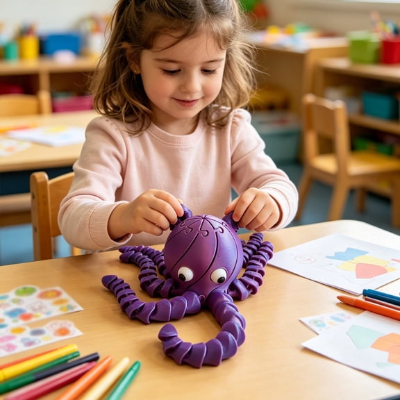 Spinning Cute Squid Toy Stress Relief Fidget Desk Decor Bendable Tentacles,Purple