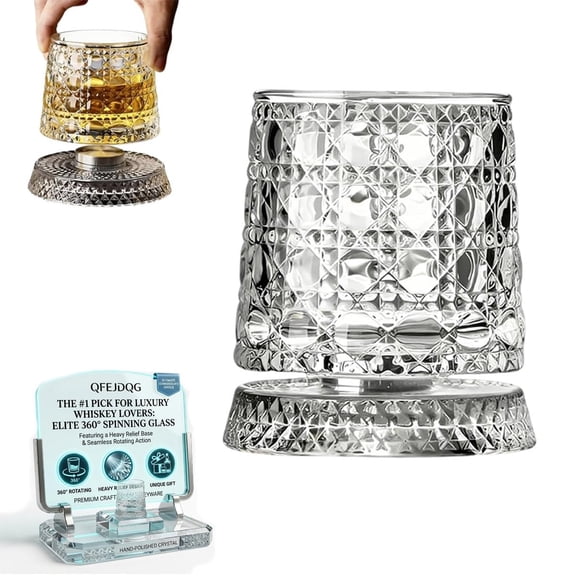 Spinning Drinking Glass Cup, Luxury 360° Rotating Whiskey Glass with Heavy Relief Base, Rotatable Cocktail Wine Cup for Bourbon & Scotch, Unique Gift