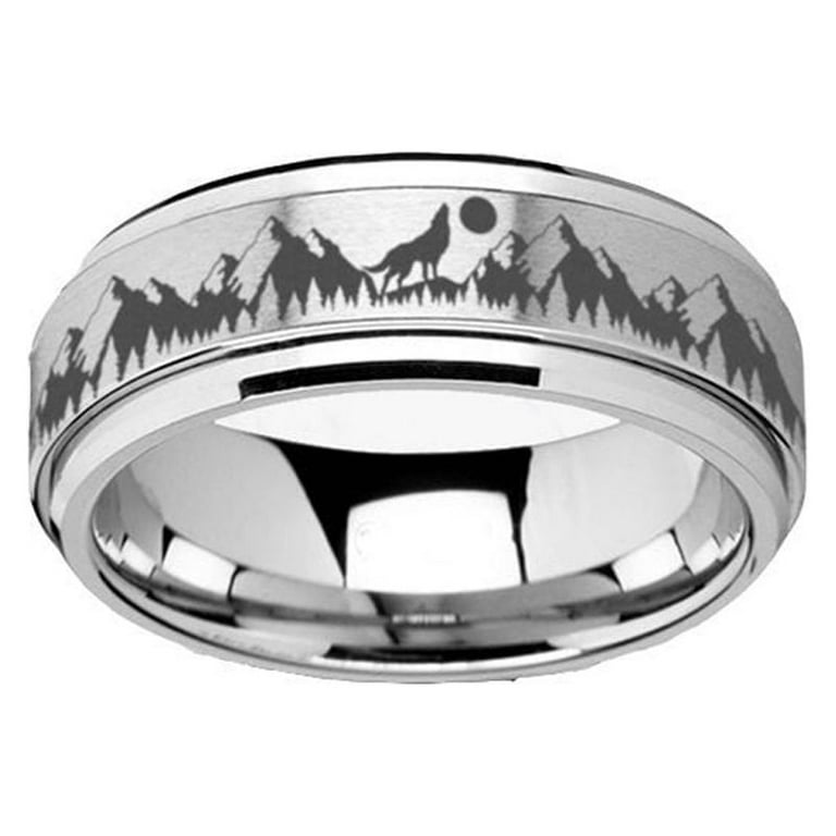 Thorsten Spinning Engraved Mountain Wolf Moon Tungsten Carbide Spinner Band - 8mm
