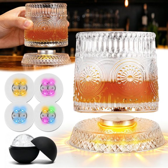 Spinning Glass with Ambient Lighting Set, 360 Rotating Tumbler with Ribbed Patterns & 4 Color Lighting, Cool Drinking & Bar Accessories (Sunflower)