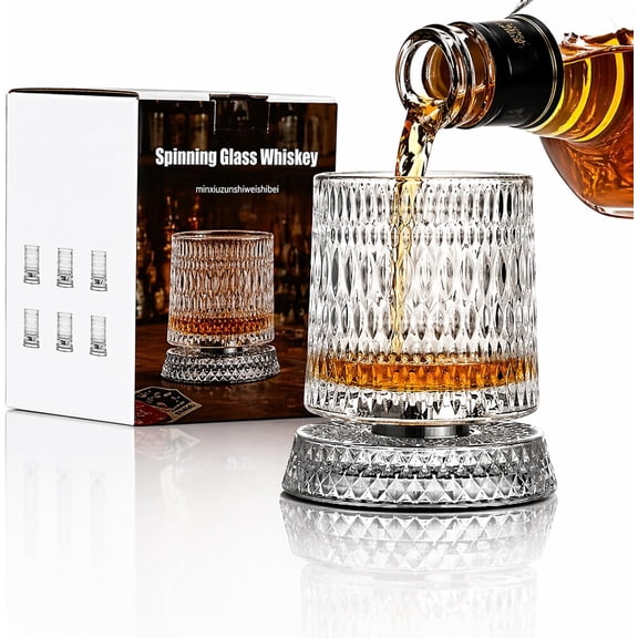 Spinning Glass Whiskey, 2026 New 360° Rotating Whiskey Glass with Heavy Relief Base, Luxury 360 Spinning Old Fashioned Crystal Whiskey Glass, Hand-Painted Unique Embossed Glass (Style G)