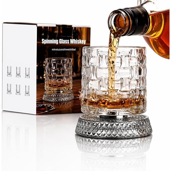 Spinning Glass Whiskey, 2026 New 360° Rotating Whiskey Glass with Heavy Relief Base, Luxury 360 Spinning Old Fashioned Crystal Whiskey Glass, Hand-Painted Unique Embossed Glass (Style I)