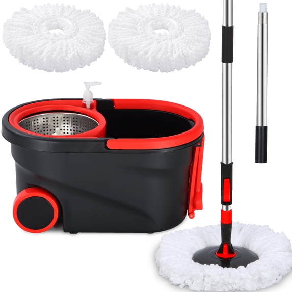 Spinning Mop Bucket, 360° Easy Spin Mop & Bucket System with Wringer, Mop and Bucket Set, 3 Microfiber Mop Heads, Black