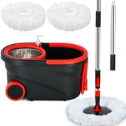 Spinning Mop Bucket, 360  Easy Spin Mop & Bucket System with Wringer, Mop and Bucket Set, 3 Microfiber Mop Heads, Black