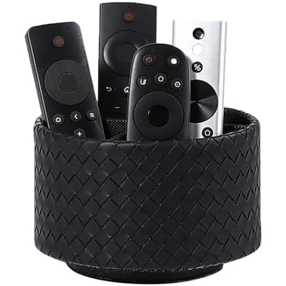 Spinning Pencil Holder, PU Leather 360 Degree Rotating Remote Control Holder for Table with 4 Compartments, Cute Pen Holder Desk Organizer, Black PH116