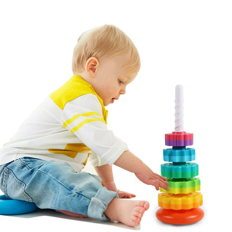 Spinning Rainbow Gears Kids Stackable Spinning Toy Educational Toy Color Shape Recognition Autism Toys for Toddlers 1 3 14Inches