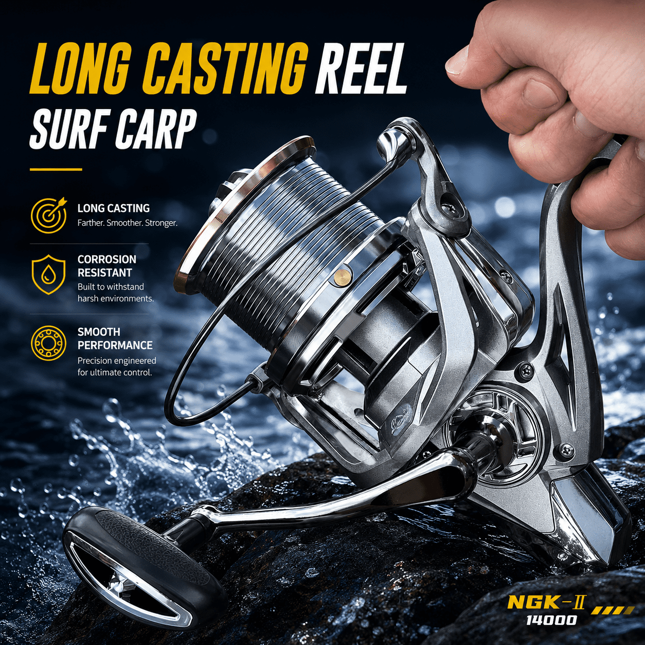 Spinning Reel 14000,6+1BB Fishing Reels,4.8:1 Gear Ratio Drag Heavy Long Casting Inshore Saltwater Monster Fish
