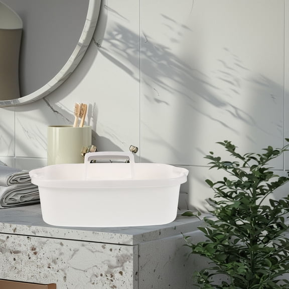 EXHUMKY White Cleaning Basket Organizer with Comfortable Handle for Bathroom and Kitchen Storage