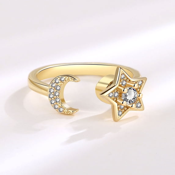 Women's Ring with Spinning Star and Moon White Gold Geometric Ring Adjustable Copper Band Electroplated Jewelry Gift for Her Yellow Gold Available