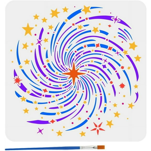 Spinning Stars Stencil for Painting 11.8x11.8 inch Hollowed Whirlpool Template with Brush Reusable Stars Pattern Painting Stencil Star Eddies Template Fantasy Theme Stencil for DIY for making