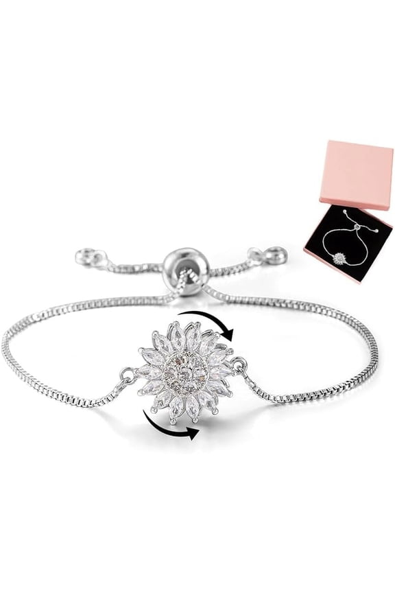 Spinning Sunflower Bracelet for Women 7"-8" Adjustable Flowers Rhinestone Fidget Bracelets for Tiny Wrist Sparkly Flower Anxiety Bracelet Cubic Zircon Sunflowers Statement Bracelets
