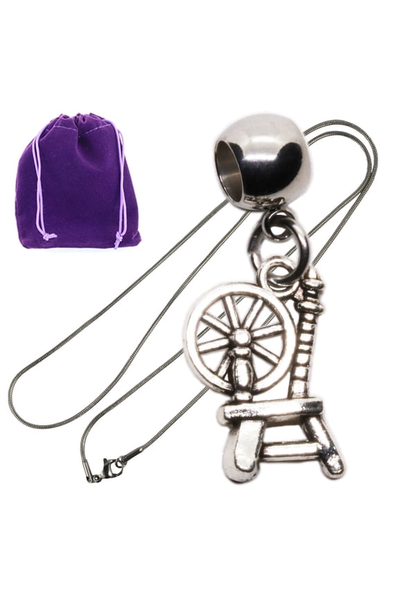 Spinning Wheel Charm Pendant Necklace, Silver Tone Chain Gift for Yarn for Crocheting Fans and Yarn Winder Enthusiasts in Soft Purple Drawstring Pouch