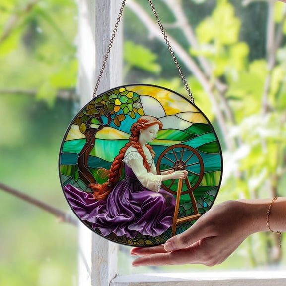 Spinning Wheel Glass Window Suncatcher, Vintage Fiber Art, Rustic Craft Room, 7.9 in