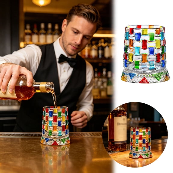 Spinning Whiskey Glass - 9oz The painted relief reflects the rainbow light on the ancient Glass Colored Crystal Hand-Painted Tumbler for Home Bar