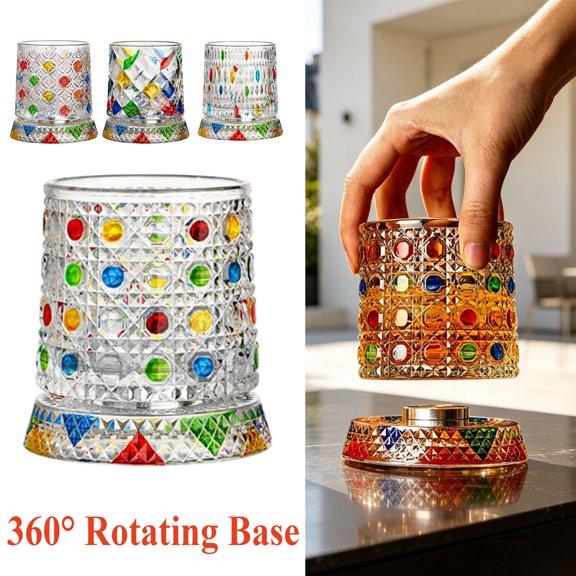 Spinning Glass with Rotating Base, Style Bourbon Tumbler for Scotch Cocktails, Artistic Glass for Home Bar, Fashioned Gift for Friends,C