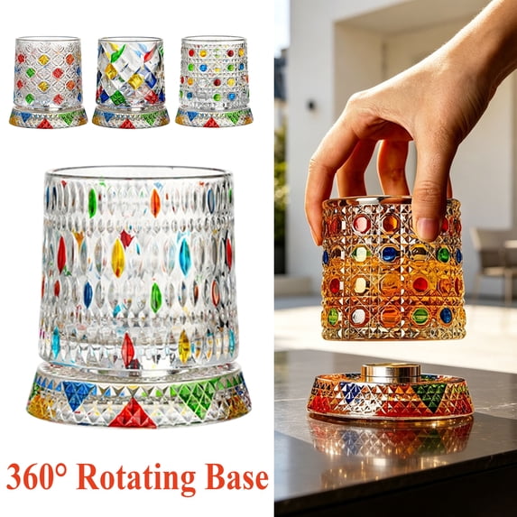Spinning Glass with Rotating Base, Style Bourbon Tumbler for Scotch Cocktails, Artistic Glass for Home Bar, Fashioned Gift for Friends,D