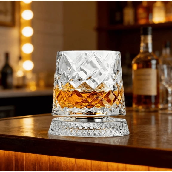 Spinning Whiskey Glass with Rotating Base 260ml Crystal Tumbler, Elegant Swirl Drinkware for Whisky Scotch Bourbon Cocktail Home Bar Display F