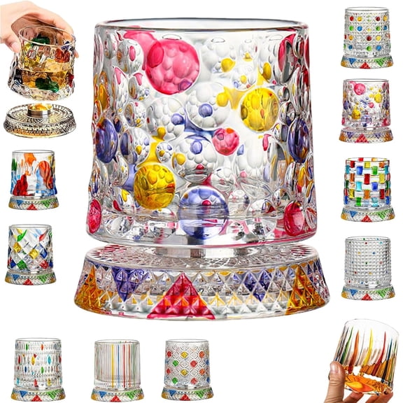 Spinning Whiskey Glass with Rotating Base, Hand-Painted Embossed Crystal Style Bourbon Tumbler for Scotch Cocktails, Artistic Home Bar Drinkware