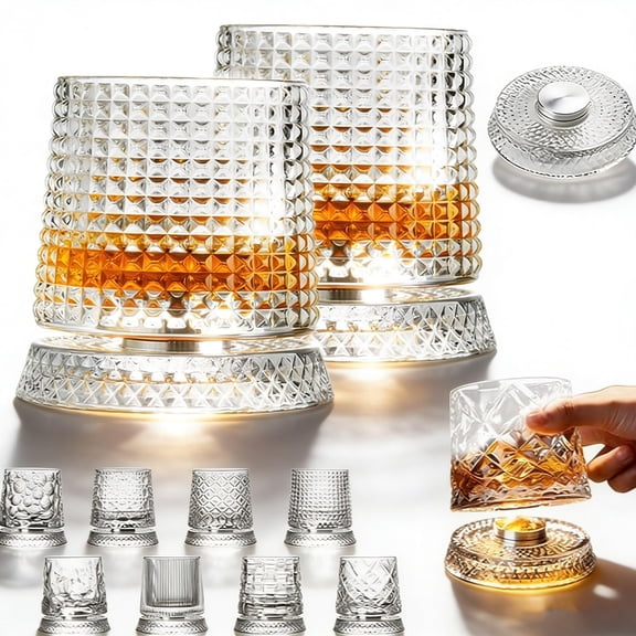 Spinning Whiskey Glasses 2 Pcs - Rotatable Crystal Glass Cups with Stable Base - 360 Spinning Whiskey Tumbler for Scotch Bourbon Cocktails - Home Bar Gift