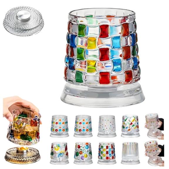 Spinning Whiskey Glasses, Hand-Painted Embossed Rotating Whiskey Glass – Minimal Luxury Crystal Tumbler with Smooth Spin Design, Rotating Crystal Glasses with Unique Embossed Bases Enhance