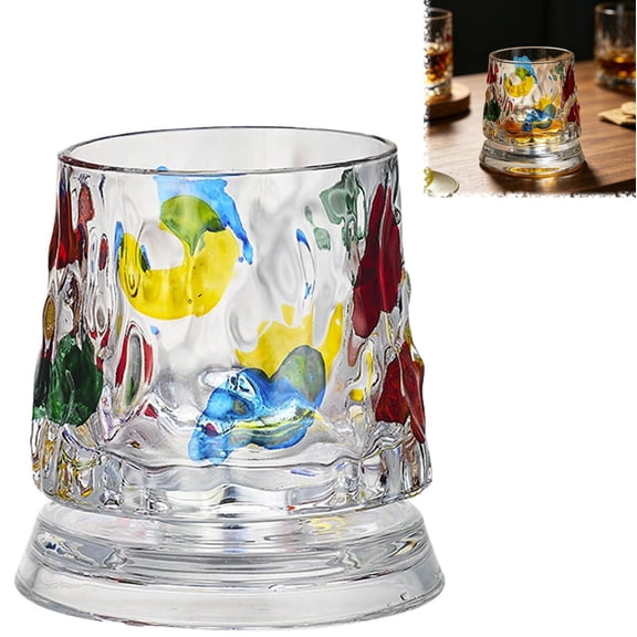 Spinning Whiskey Glasses  Hand-Painted Vintage Crystal Old Fashioned Tumbler for Bourbon, Scotch & Cocktails, Decorative Drinking Glass for Home Bar(RL 1 PC)
