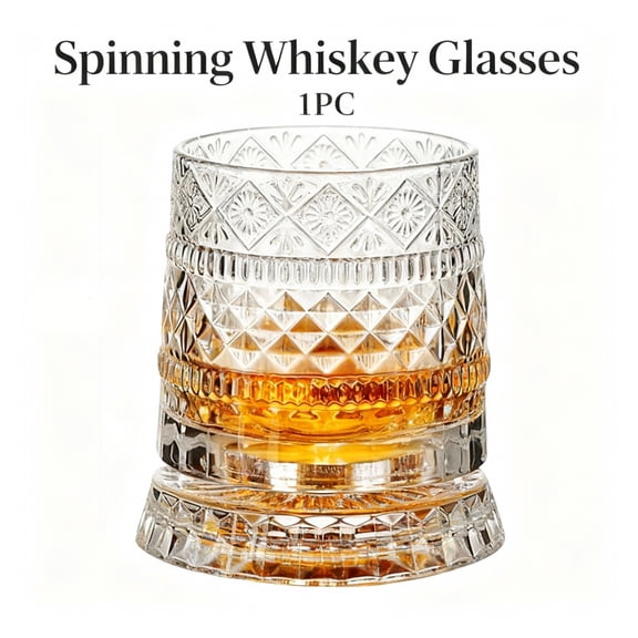Spinning Whiskey Glasses Set, 360 Degree Rotating Old Fashioned Crystal Tumbler with Unique Relief Base, Rotatable Cocktail Wine Cup for Flavor, Drinking Glassware & Bar Accessories