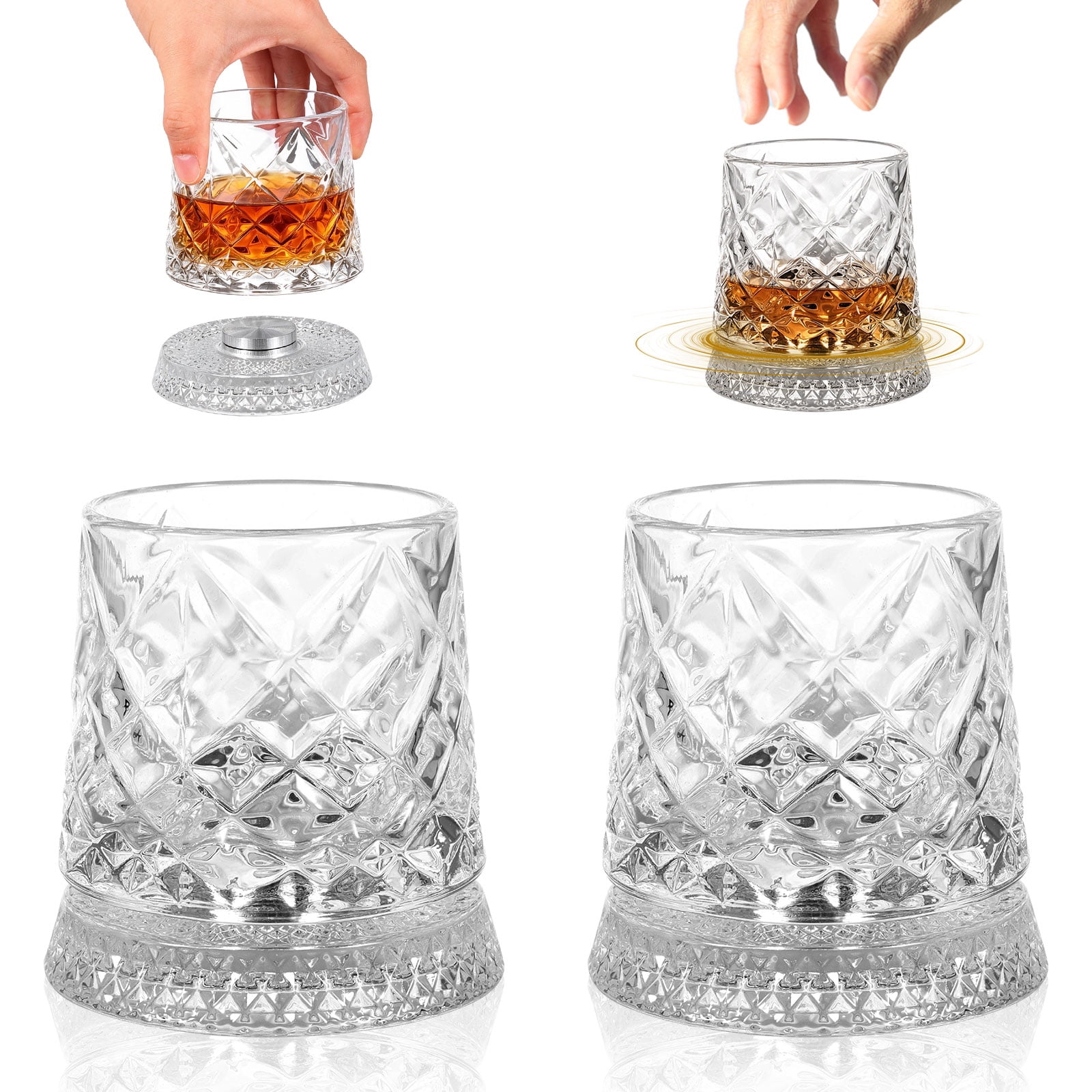 Spinning Whiskey Glasses Set of 2 with Rotating Coaster Bases, 9.5 Fl ...