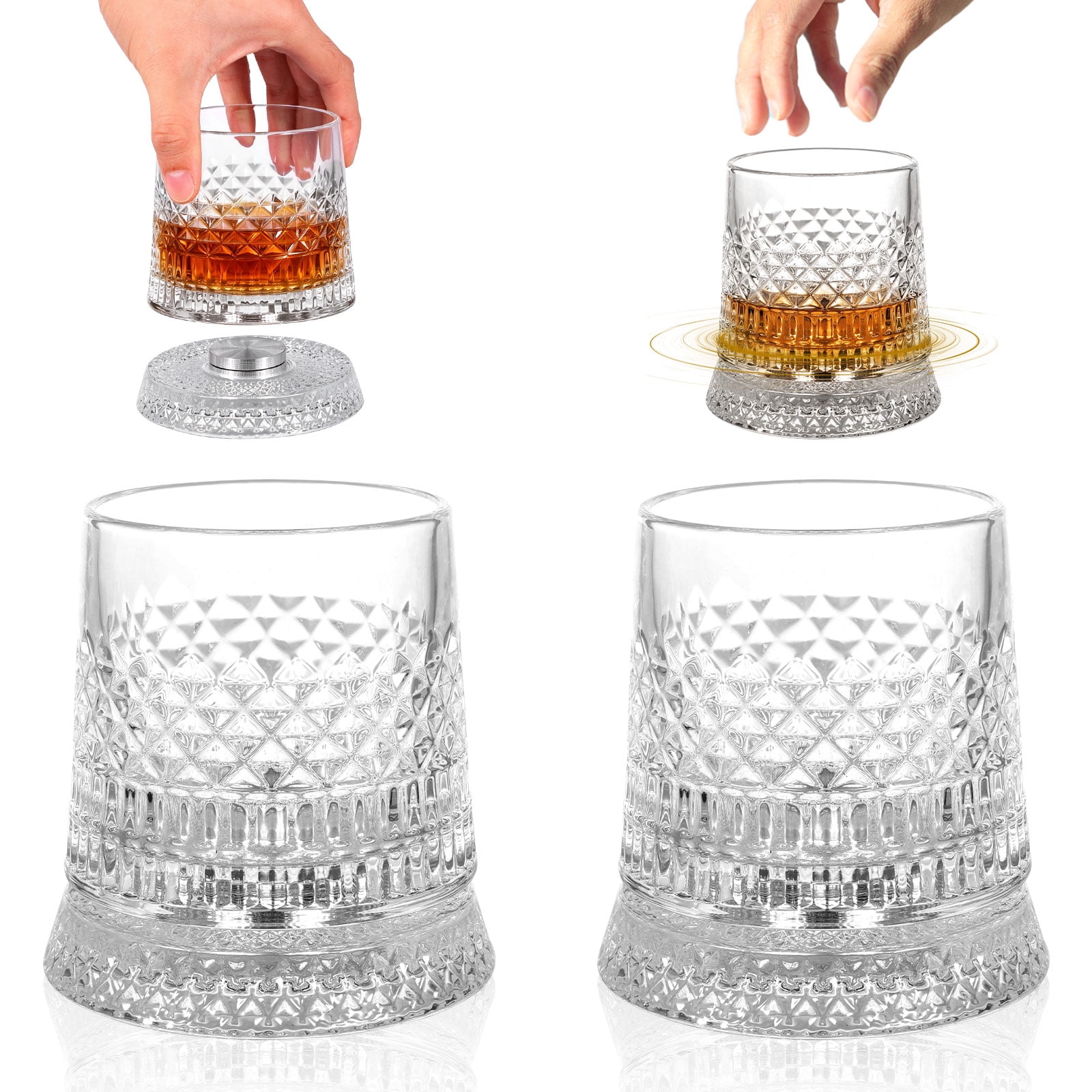 Spinning Whiskey Glasses Set of 2 with Rotating Coaster Bases, 9.5 Fl ...