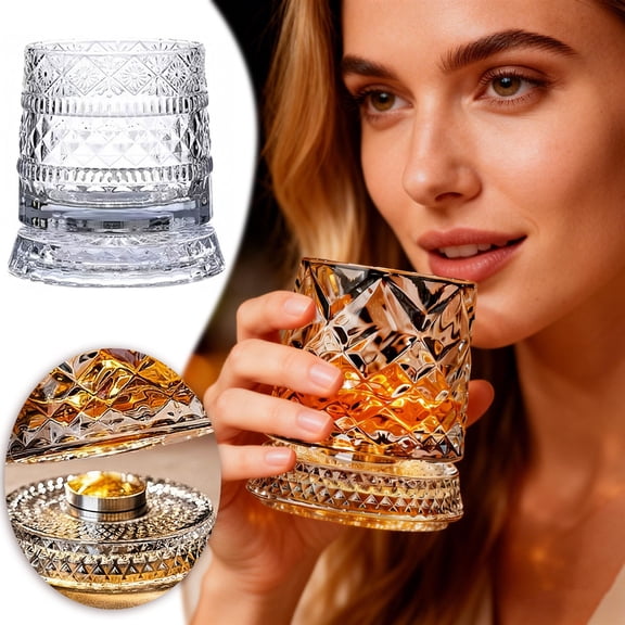 Spinning Whiskey Glasses, Stylish Whiskey Glasses With Lighted Crystal Base, 360-Degree Rotation, Glass Rotating Turntable For Home Restaurant