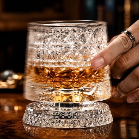Spinning Whiskey Glasses, Stylish Whiskey Glasses With Lighted Crystal Base, 360-Degree Rotation, Glass Rotating Turntable For Home Restaurant