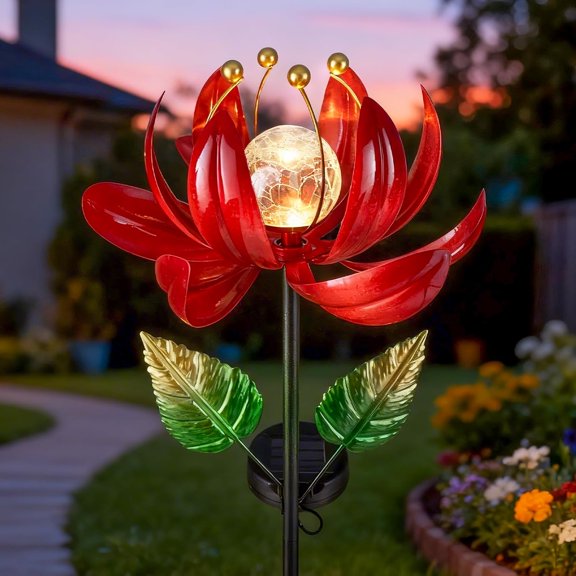 Spinning Windmill Lotus Pathway Ligths with LED Cracked Crystal Ball Outdoor Decorative Stake Lighting Waterproof Flower Sculpture